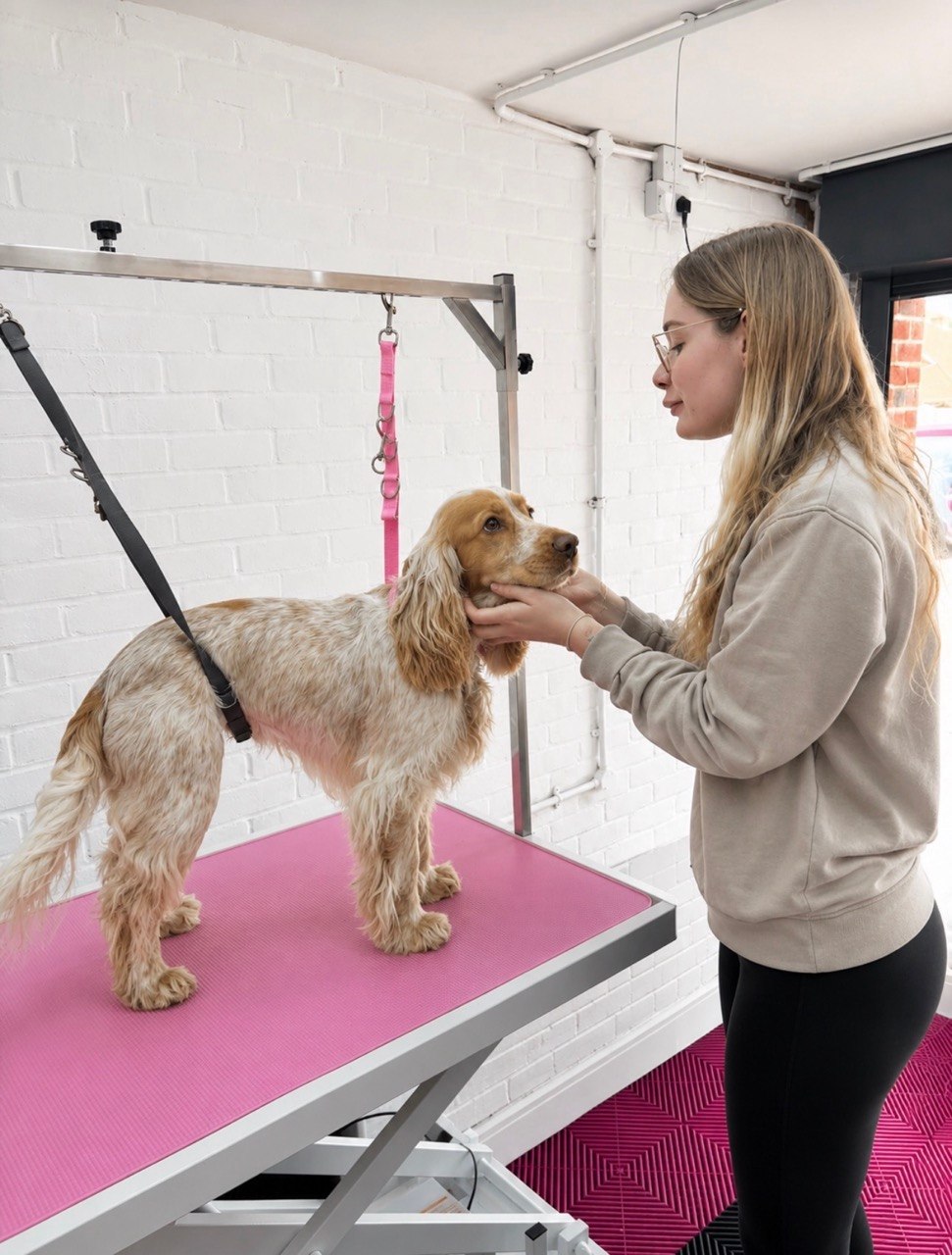 Maia, the Ivory Tails dog groomer, gently caring for a cocker spaniel on the pink grooming table